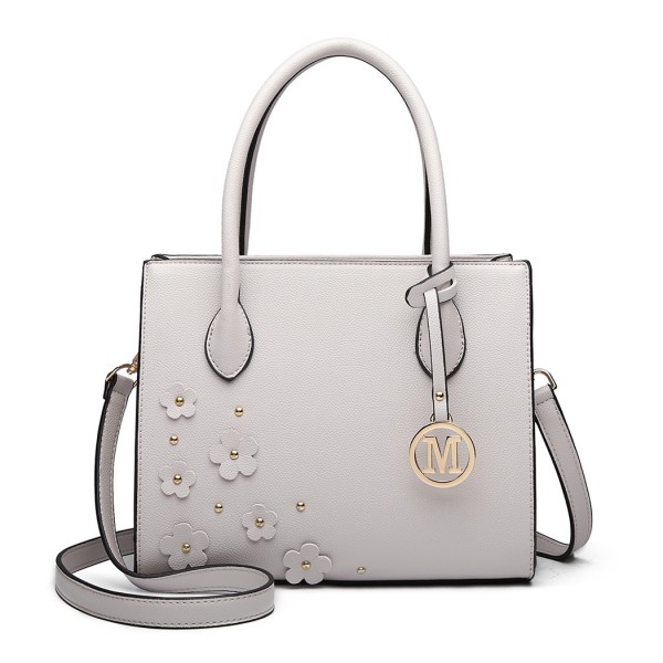 LH6809 - Miss Lulu Embellished Flower Leather Look Handbag - Light Grey LH6809 - Miss Lulu Embellished Flower Leather Look Handbag - Light Grey